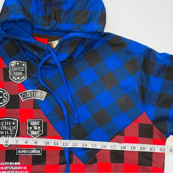 ENYCE Sean Combs Hoodie Sweatshirt Short Sleeve Blue Red Plaid SLIM Womens Large - Picture 6 of 7